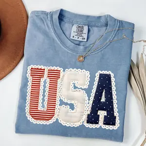 Comfort Colors Preppy Lace Patriotic USA PRINT TShirt Faux Patchwork Coquette 250th Anniversary Tee Trendy 4th Of July Gift