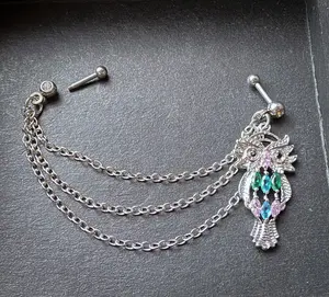 Steel Chain Linked Marquise Gemmed Owl Cartilage Tragus Helix Barbell Jewelry