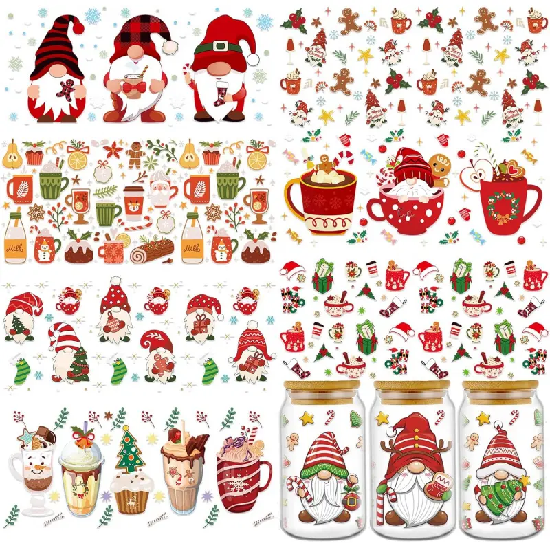 Christmas UV DTF Cup Wrap - 8 Sheets Merry Christmas UV DTF Cup Wraps for 16 oz, Gnome Candy Hot Cocoa Uvdtf Decals, Waterproof Rub on Transfer Stickers for Glass