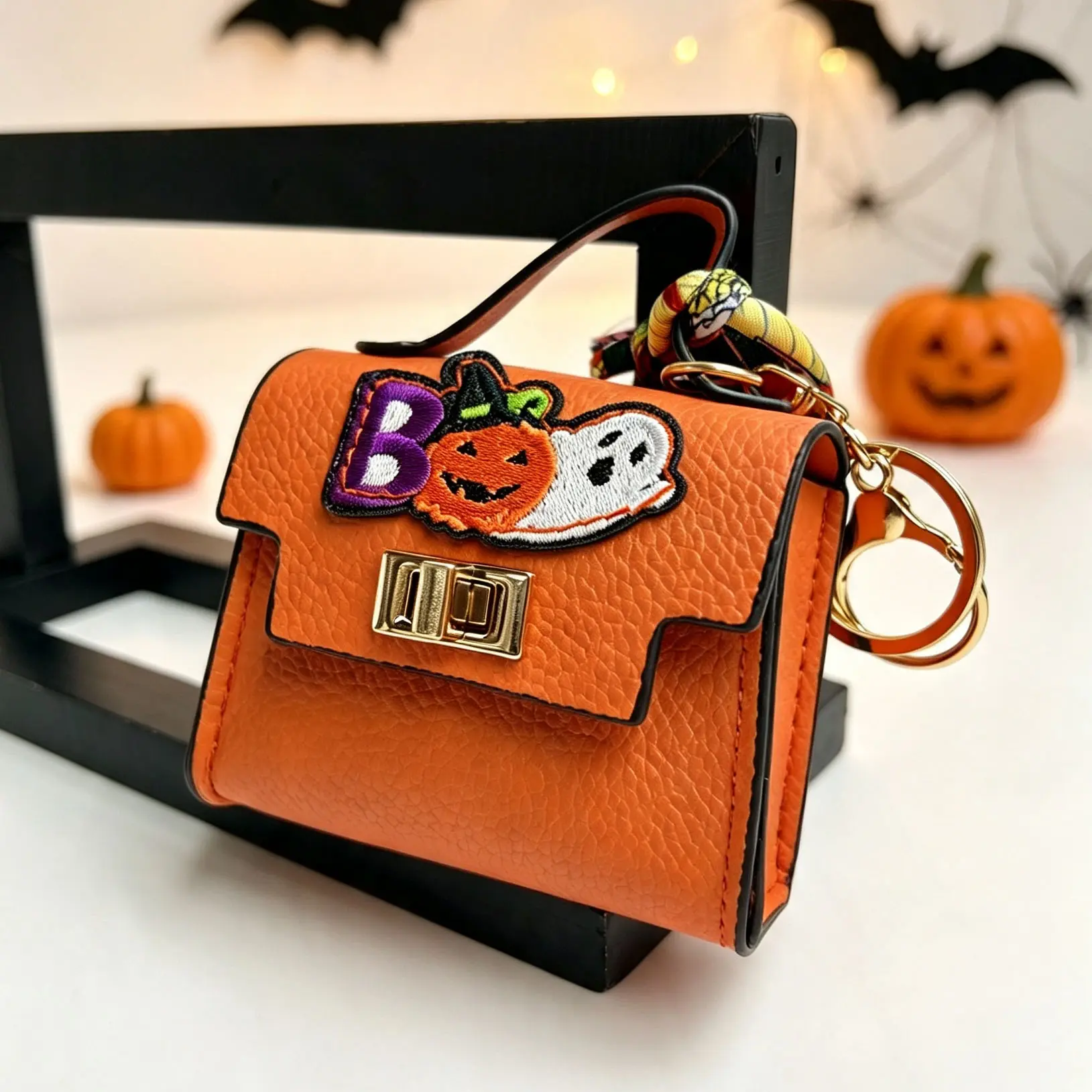 Orange Halloween Square Coin Purse Keychain