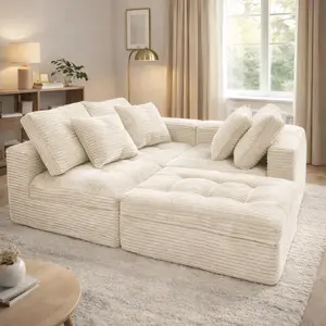 105" Modular Cloud Sofa with Ottoman, DIY Sectional Couch in Faux Rabbit Fur Velvet, Pure Foam Cushions for Living Room Comfort