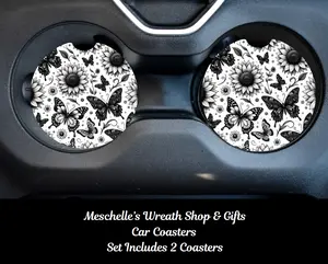 Butterfly Print Car Coasters, 2 Pcs Set (2 Piece), Neoprene/Ceramic, Black & White, Spill-Proof, Cup Protectors, Stylish Functional Fits Standard Car Interior Accessories