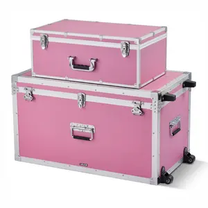 VEVOR Metal Storage Trunk, Set of 2, Wooden Suitcase Storage Boxes with Padlocks, Large Trunk Includes Casters & 3 Metal Handles, Decorative Store Chest with Lids for Travel, Apartment, Dorm, Pink