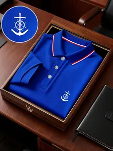Men's Anchor Print Polo Shirt, Loose-Fit Short Sleeve, Breathable Elastic Fabric, Casual Business Tee, Spring Summer Outdoor Wear, Gift Option