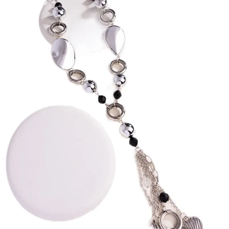 Total Eclipse of the Heart - Silver Beads & Textured Rings Necklace with Smoky Beads & Crescent Moon Charm