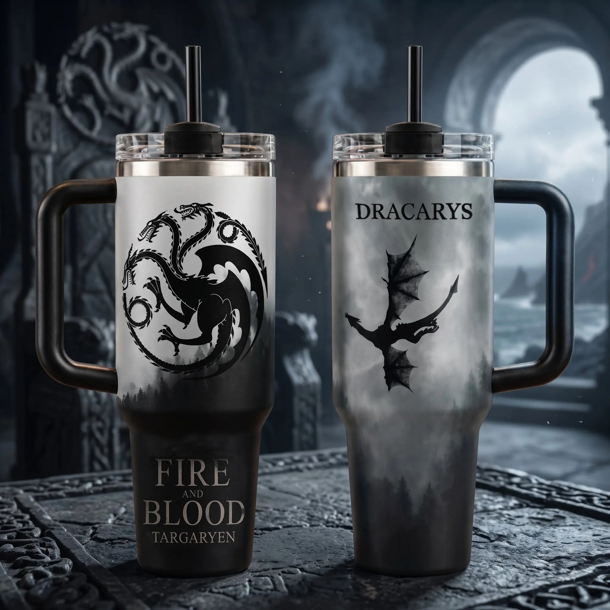 House Targaryen 40oz Tumbler with Handle Straw, Fire And Blood Dracarys Travel Mug, House of the Dragon HOTD Three Headed Flying Dragon Stainless Steel Insulated Water Coffee Cup, Game of Thrones GOT TV Show Drinkware, Fantasy Series Gifts for Fans