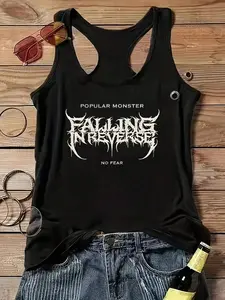 Women's Black Sleeveless Graphic Tank Top - FALLING IN REVERSE Bold Print, Soft Stretch Fabric, Round Neck Casual Streetwear, Machine Washable All-Season Comfort, Ladies Tank Tops, Streetwear Fashion, Everyday Comfort, Modern Casualwear, Medium Elasticity
