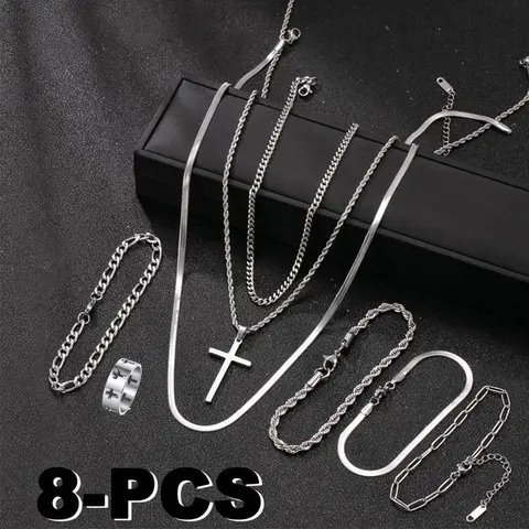 8pcs Fashionable Stainless Steel Jewelry Set for Men, Including Bracelets, Necklaces, And Rings - Perfect for Everyday Wear. Accessories Set