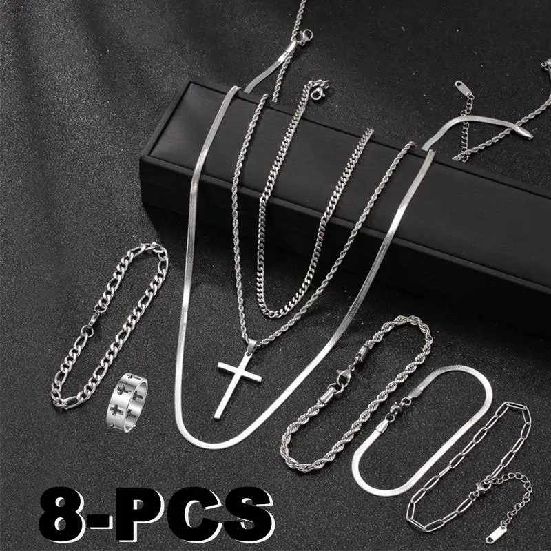 8pcs Fashionable Stainless Steel Jewelry Set for Men, Including Bracelets, Necklaces, And Rings - Perfect for Everyday Wear. Accessories Set