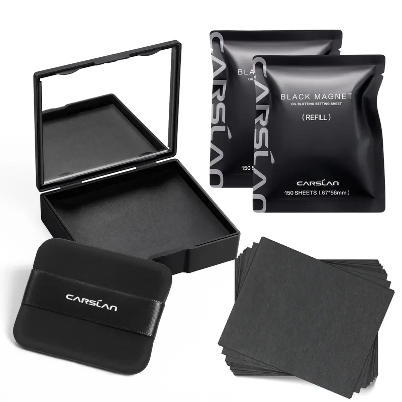 CARSLAN Black Magnet Oil Blotting Setting Sheet With Powder More Control Oil Keep Fresh 2 IN 1 Blotting Sheet with Mirror Puff & Recyclable Case 450 Sheets 1 Box 2 Refills 7