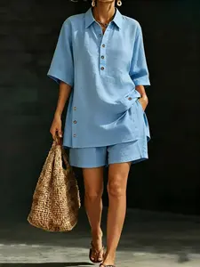 2-Piece Lazy Style Short Sleeve Shirt Blouse and Shorts Set, Lightweight Breathable Summer, Perfect for Daily Wear and Vacation