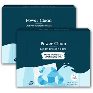 Laundry Detergent Sheets, Power Clean Dissolving Washer Sheets (2 Pack - 64 Loads) Tough Stain Remover, Unscented Free & Clear Formula
