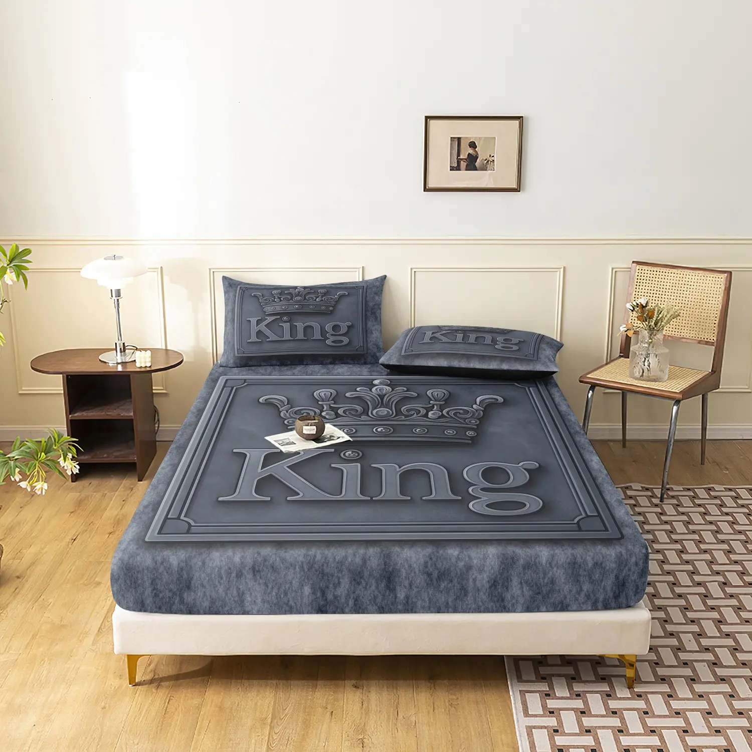 3Pcs King Crown Print Fitted Sheet Set, Soft Microfiber Deep Pocket Non-Slip Bed Sheet with Pillowcases, Luxury Bedding Set for Men's Bedroom Decor, Decorative Bedsheet Sets, Multiple Colors Available, Bed Sheets Set, Bedding Supplies