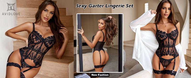 Avidlove Women's Lace Bodysuit Set Bridal Lingerie 4-Piece with Garter Belt and Adjustable Straps, Sleeveless Summer Thin Style, S-XXL (Note: Fits small; please refer to standard size chart for selection)