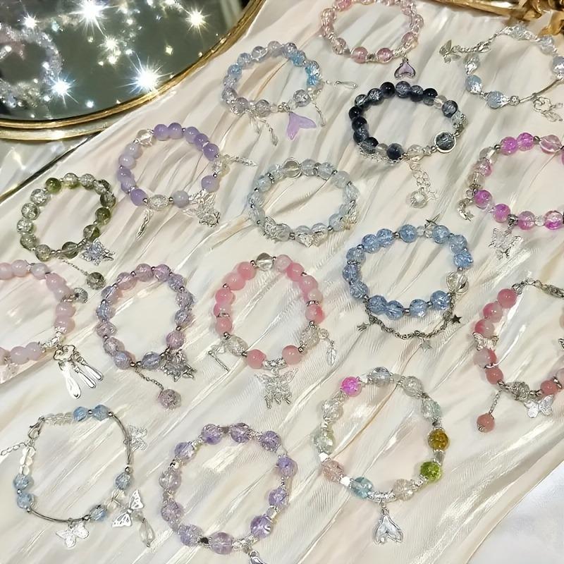 18pcs Mix Women's Glass Bead Charm Bracelet Set - Pastel & Multicolor Bohemian Flower & Butterfly Charms with Heart/Star Charms, Adjustable Elastic Cord for DIY Bracelet Making Kit, Birthday Party Favors, Valentine's Gifts