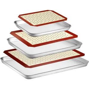 Baking Sheet with Silicone Mat Set, Set of 6 (3 Sheets + 3 Mats), Stainless Steel Cookie Sheet Baking Pan with Silicone Mat, Non Toxic & Heavy Duty & Easy Clean