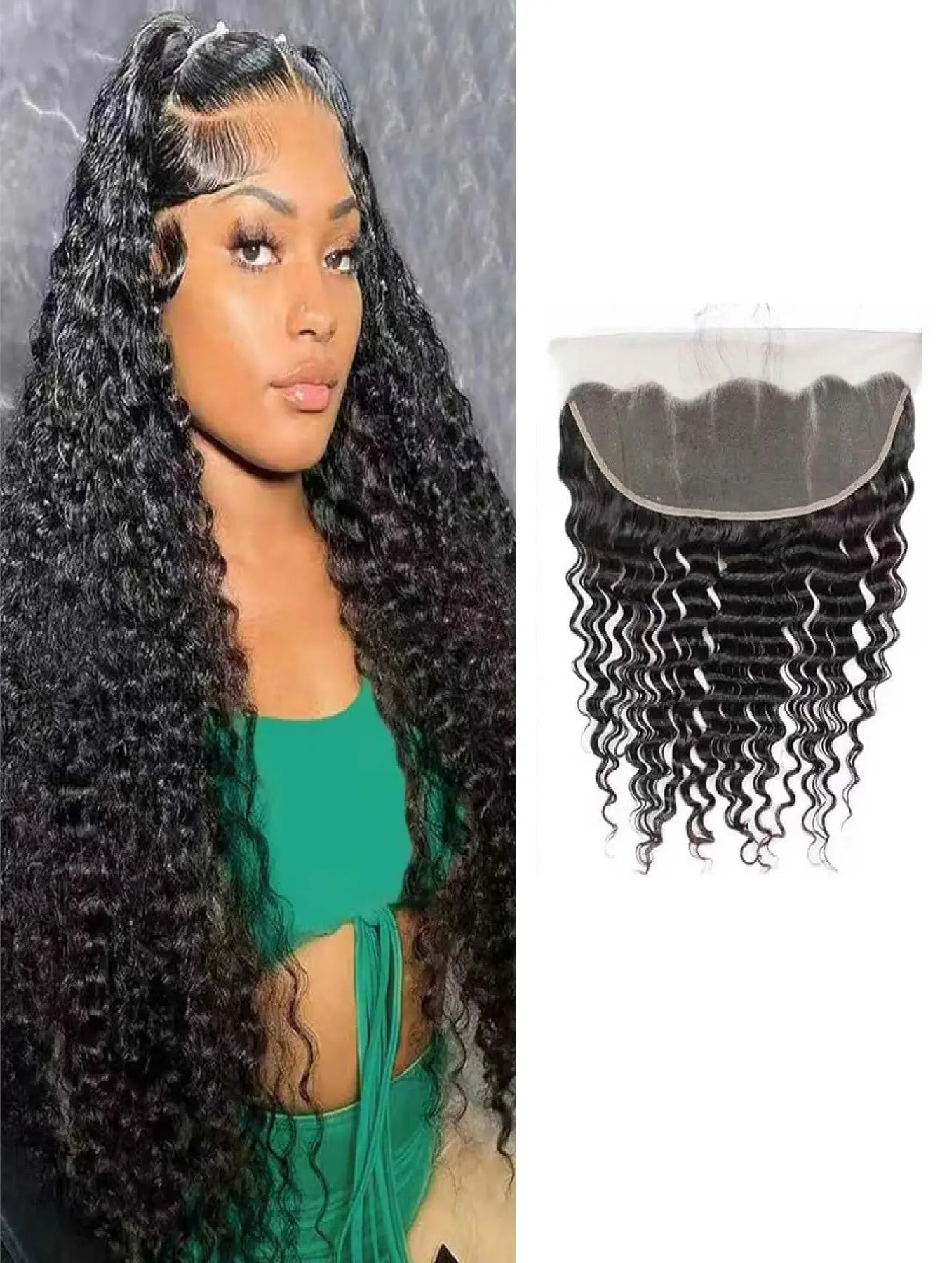 13x4 HD Lace Frontal Closure Deep Wave Deep Wavy Hair Ear To Ear Lace Frontal Closure Human Hair Pre Plucked Unprocessed Brazilian Curly Virgin Hair Extensions Natural Black