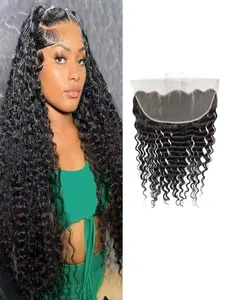 13x4 HD Lace Frontal Closure Deep Wave Ear To Ear Lace Frontal Closure Human Hair Pre Plucked Unprocessed Brazilian Curly Virgin Hair Extensions Natural Black