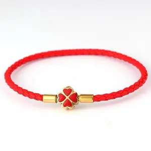 Red String Bracelet for Women Men Stainless Steel Four Leaf Clover Braided Leather Bracelet Lucky Protection Amulet Kabbalah Red Rope Wristband Friendship Jewelry Gift 8.3 Inches
