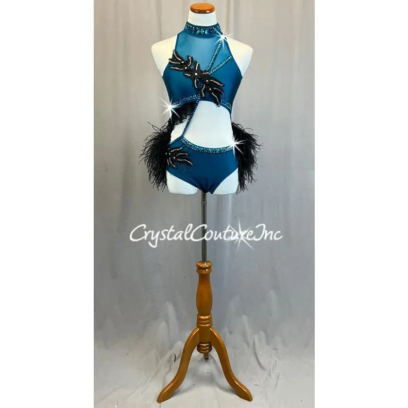 Teal Connected Two Piece with Black Feather Bustle - Rhinestones and Appliques