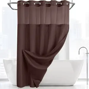 Brown Double Layer Waffle-Pattern Shower Curtain - NoHook Snap-in Liner, Fabric Waterproof Inner & WashableWhite Outer Cloth, Modern Bathroom Accessory for Home/Hotel/Salon/Dorm, 72x75 Inch