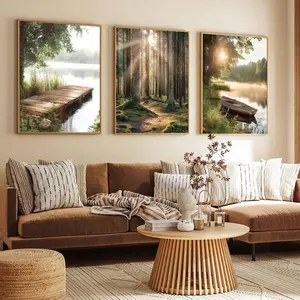 Forest & Boat & Bridge Pattern Unframed Painting, 3 Counts/set Canvas Wall Art, Wall Decor for Home Living Room Bedroom Study Room, Ornaments