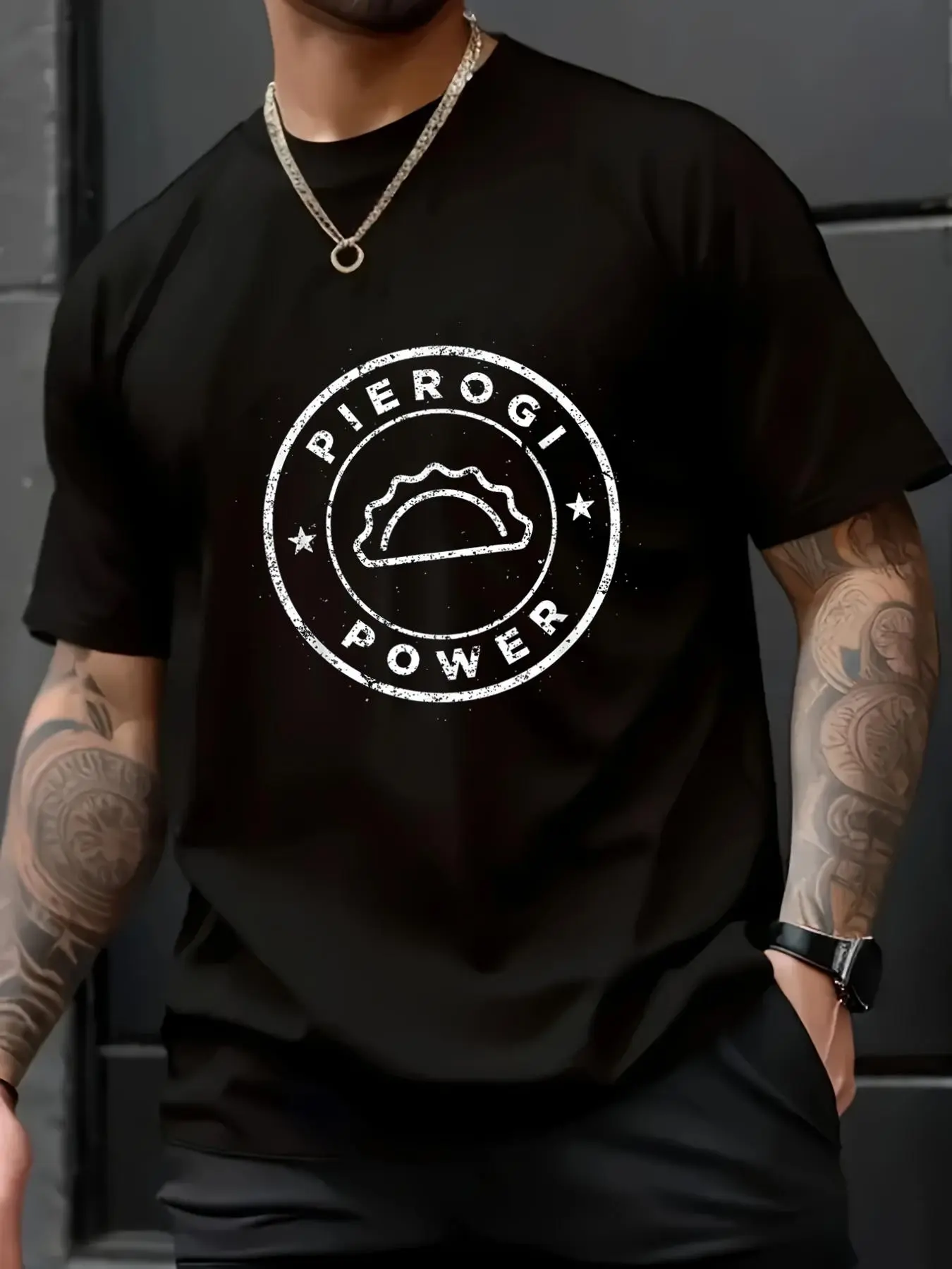 Men's Pierogi Power Crew Neck T-Shirt - Stylish 100% Cotton Short Sleeve Tops, Funny Polish Christmas Graphic, Casual Loose Fit, Cold Wash Holiday Gift, Streetwear Menswear