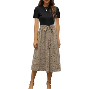 Women 2025 Summer Dress Short Sleeve Ribbed Teacher Church Modest Business Casual Work Outfits Midi Dress
