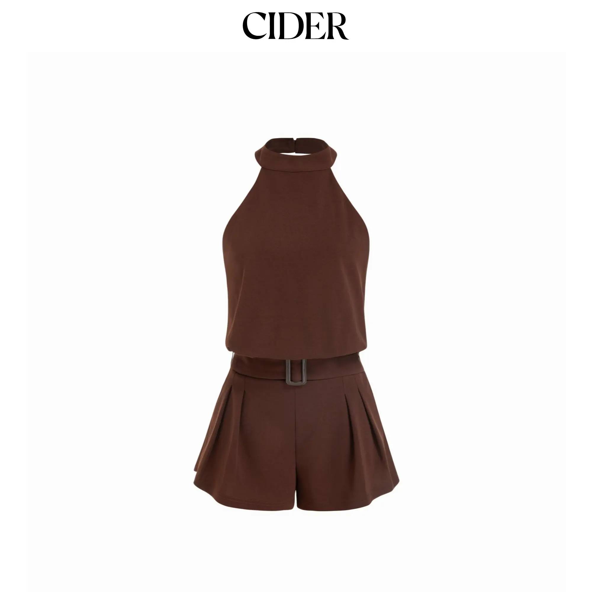 Cider Women's Solid Halter Neck Backless Romper, Polyester Blend Playsuit with Pleated Shorts and a Belted Waist