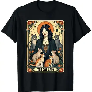 Unisex The Cat Lady Tarot Card Shirt Women Witchy Gothic Cat Mom T-Shirt Novelty Graphic T Shirt funny tshirt Undershirts Tees Casual Streetwear Classic Plain Men's Women Short Sleeve Crew Neck