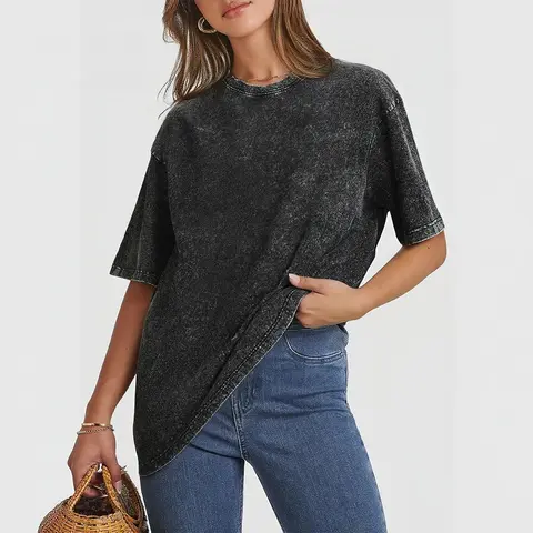 Holafish Oversized Acid Washed Tshirts for Women Tee Tops Cotton Vintage Unisex Tees Loose Fit Crewneck Short Sleeve Casual Streetwear Baggy Basic Tops