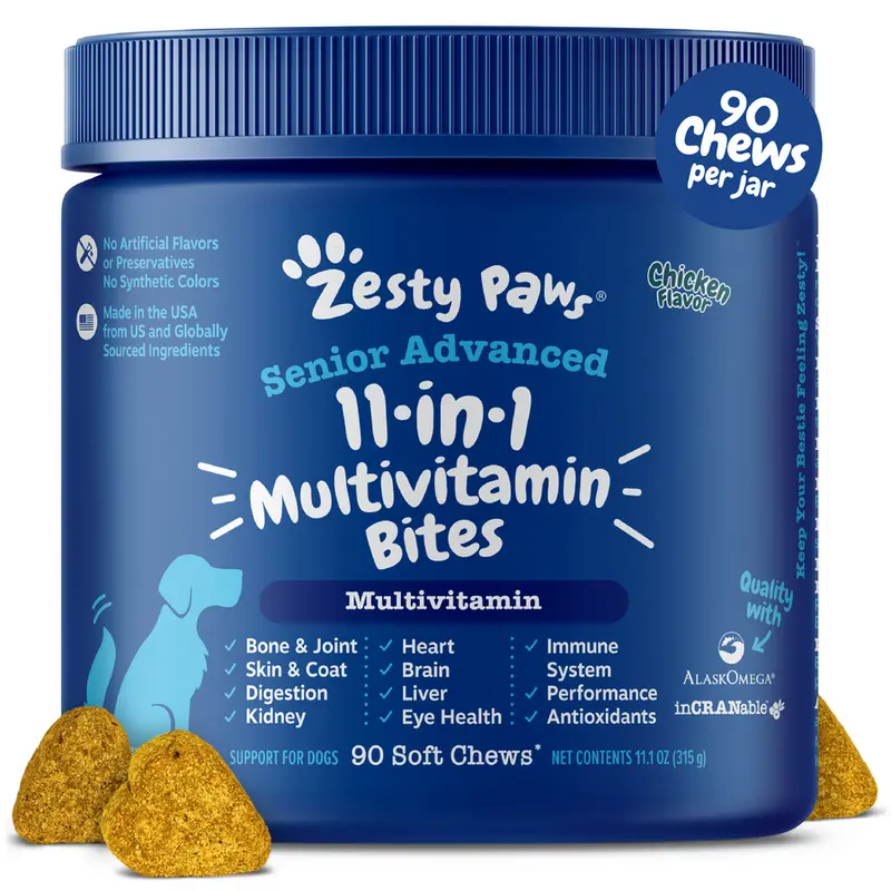 Zesty Paws Senior Advanced 11-in-1 Multivitamin Bites for Senior Dogs 90 Soft Chews per Jar Natural Chicken Flavor Nutritional Supplement