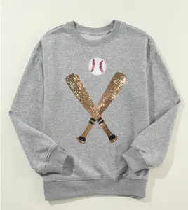 Gray Sequin Baseball Graphic Crewneck Sweatshirt - Long Sleeve Sequin Design for Everyday Wear Casual Womenswear Sporty Style Tops