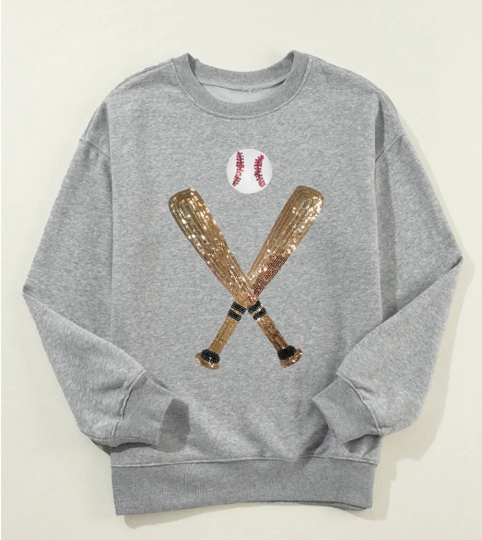 Gray Sequin Baseball Graphic Crewneck Sweatshirt - Long Sleeve Sequin Design for Everyday Wear Casual Womenswear Sporty Style Tops