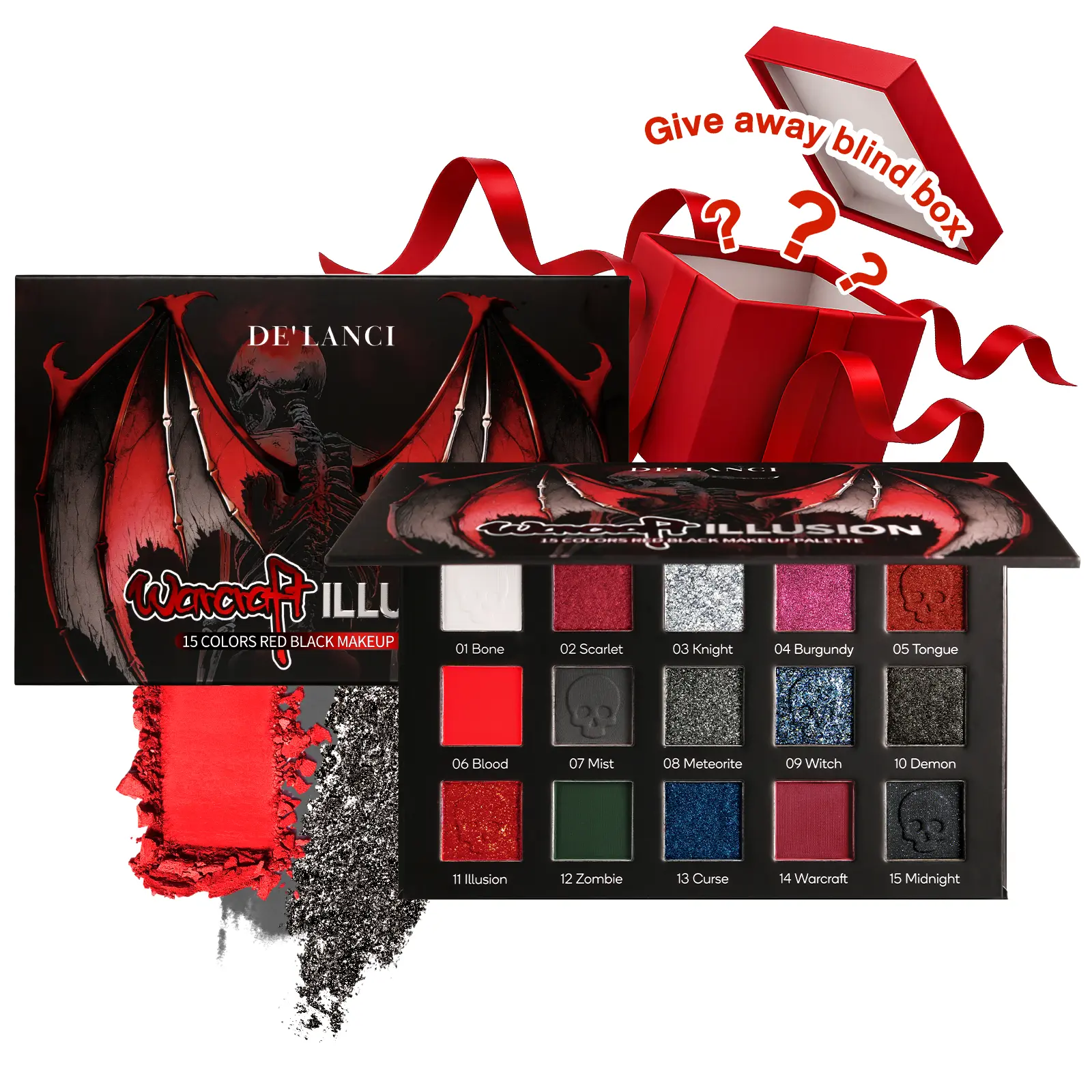Delanci Red black Eyeshadow Palette Makeup Smoky Vampire Clown Zombies Witch Murder SFX Halloween Burgundy Red Anchor  Wine Red Dusk Gray Midnight Prussian Blue Scarlet Burgundy Blood Glitter  White Dark Long Lasting tiktokshops Metallic Shimmer Smooth