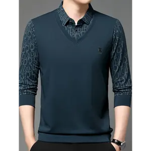 Men's Casual Long Sleeve Layered-Look Polo Shirt with Embellished Alphabet Pattern, Polyester Blend (94% Polyester, 6% Spandex), Lapel Collar, Slight Stretch, Button Detail - For Spring/Fall Wear - Suitable for Men - Stylish & Comfortable K  Top Blue long