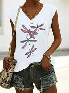 Women's Sleeveless V-Neck Vest - Dragonfly Print, Natural Style, Womenswear Tops for Spring & Summer Outdoor Fashion
