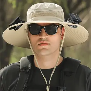 Solar Panel Powered Fan Built in Wide Brim Outdoor Fishing Hat USB Charging Men Ultralight Sun Bucket Mission Cooling Cap