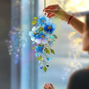 Blue Floral Acrylic Suncatcher Hanging Window Decor Botanical Flower Art Garden Lover Gift Blue Flower Home Decor