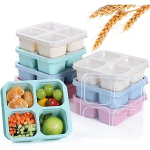 8 Pack Wheat Straw Snack Containers, 4-Compartment Reusable Bento Box with Lids - BPA-Free, Stackable Meal Prep Food Storage for Work, Travel, Home and On-the-Go