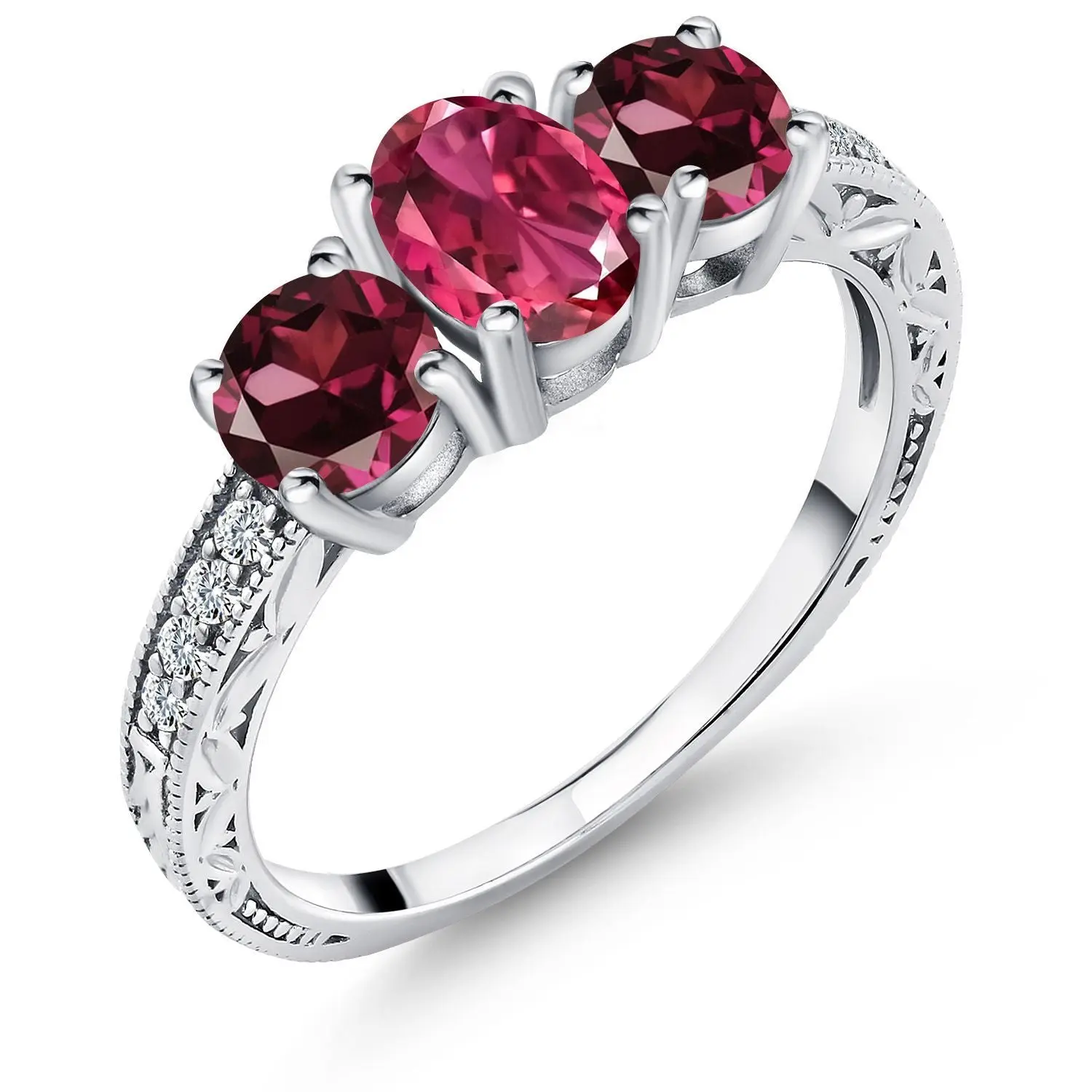 2.25 Cttw Pink Tourmaline and Red Rhodolite Garnet Ring For Women | 925 Sterling Silver  | Oval 7X5MM and Round 5MM | Gemstone Birthstone