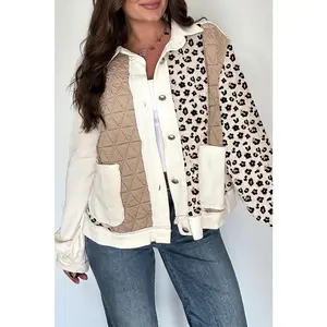 Khaki Leopard Waffle Quilted Patchwork Button Front Jacket