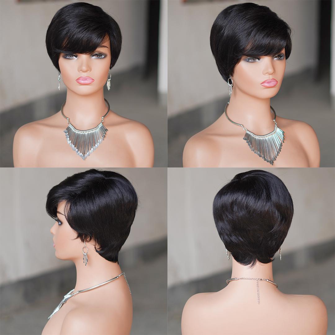 Short Pixie Cut Wig With Bangs, Glueless 180% Density Brazilian Virgin Human Hair, 6 Inch 1B Natural Black Mixed Blonde, Machine Made Wig For Daily & New Year Wear
