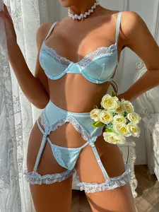 baddie Sexy Lingerie Set for Women, Satin Spliced Lace Lingerie (Underwired / Thong / Garter Belt / Comes with a Pair of Leg Rings), 5-Piece Lingerie Suit, Perfect for Private Parties & Valentine's Day Gifts lenceria sexi mujer silk pijama