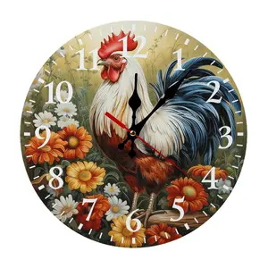 12 Inch Rooster & Wildflower Wooden Wall Clock | Silent Non-Ticking Rustic Farmhouse Kitchen Decor, No Battery Included, Perfect for Kitchen, Living Room, Farmhouse