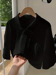 Women's Summer Casual Chic Slim Fit Short Sleeve Shirt, Lightweight Solid Color Lapel Design, Versatile Basic Plain Top for Daily Wear