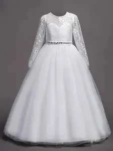 Girl's Contrast Lace Sheer Zipper Back Chiffon Dress, Elegant Rhinestone Decor Round Neck Contrast Mesh Tulle Dress for Party Performance, Kids Clothes for All Seasons