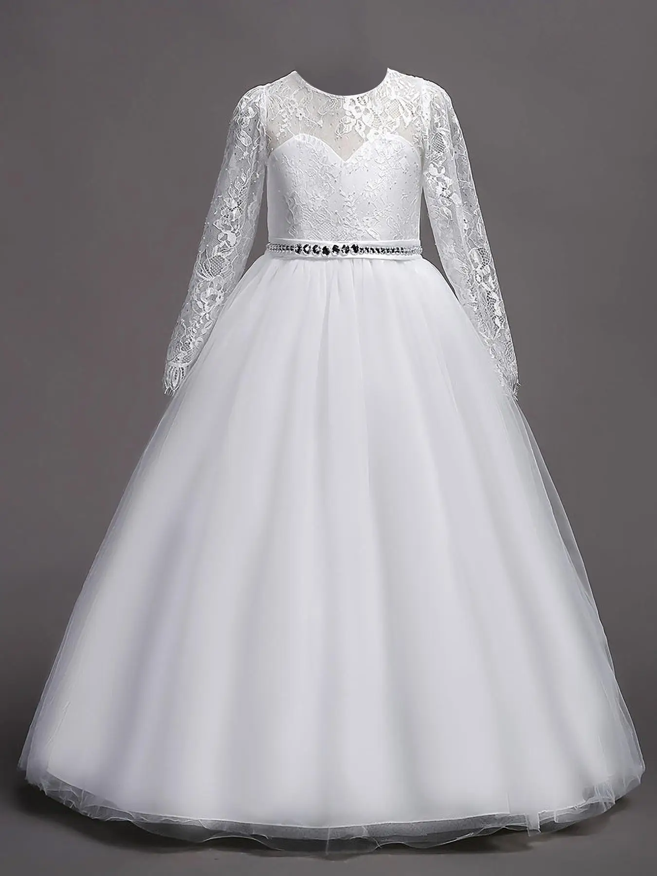 Girl's Contrast Lace Sheer Zipper Back Chiffon Dress, Elegant Rhinestone Decor Round Neck Contrast Mesh Tulle Dress for Party Performance, Kids Clothe