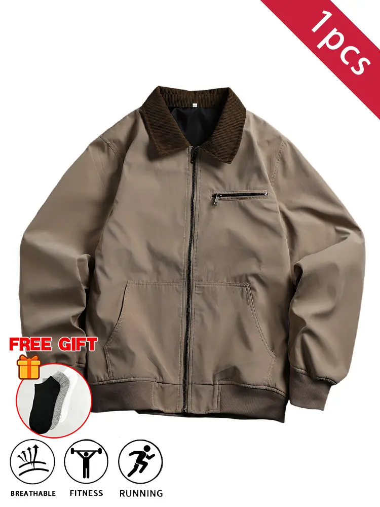 Men’s vintage workwear jacket, corduroy lapel, full zip design, chest pocket with zipper, side pockets, washable, wear-resistant, loose casual fit, includes socks