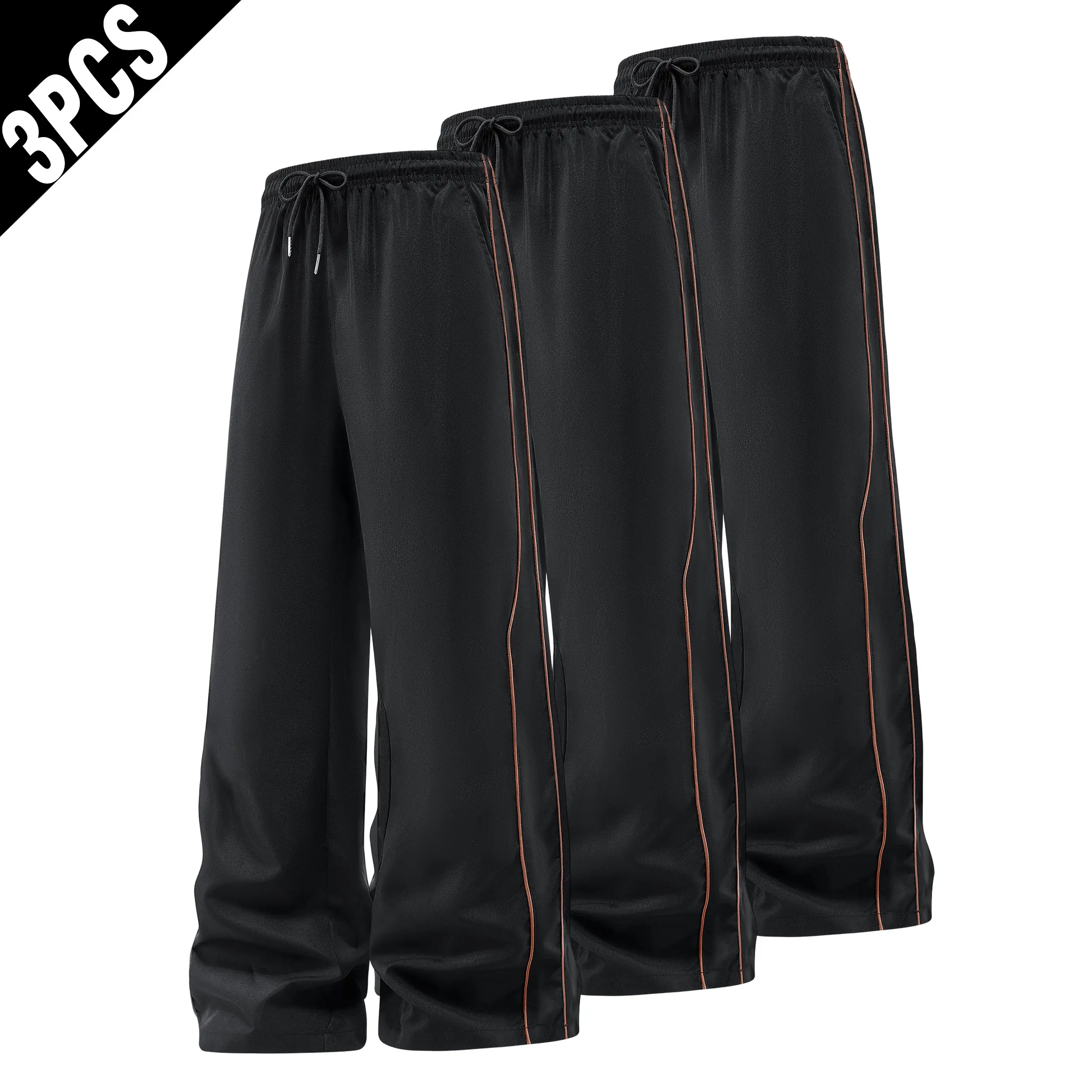 Men's 3PCS Polyester Basic All-Season Track Pants, Lightweight Loose-Fit Wide Leg, Double Side Stripe, Drawstring Elastic Waist Casual Streetwear Trousers, Mid-Waist
